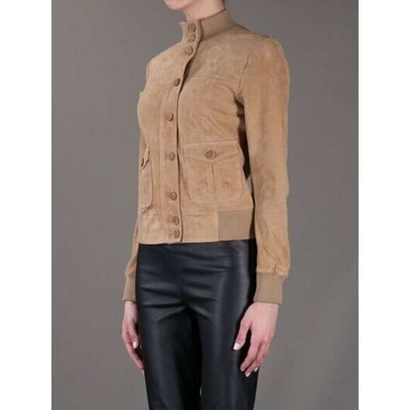 NWT Unfleur Farfetch Suede Bomber Jacket Chest Tan Button Front 40 S Quiet Lux - Picture 1 of 7